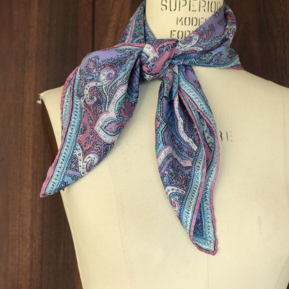 Vintage Vera Scarf, Blue and Purple and Pink Silk and Rayon, Square Designer - Picture 7 of 10